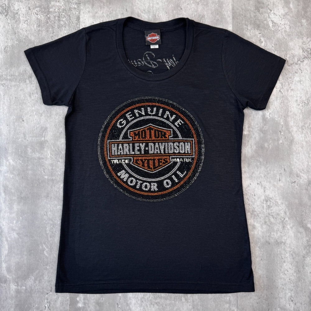 Harley Davidson T Shirt Womens XL Black Rhinestone Logo Nassau Bahamas Biker